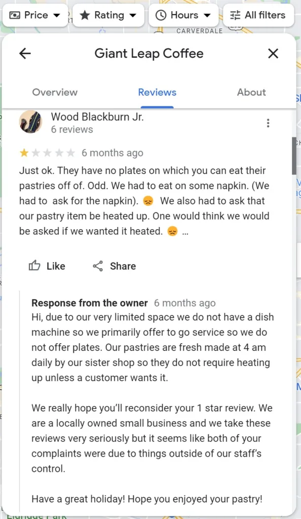Bad google review and a good polite answer: local SEO