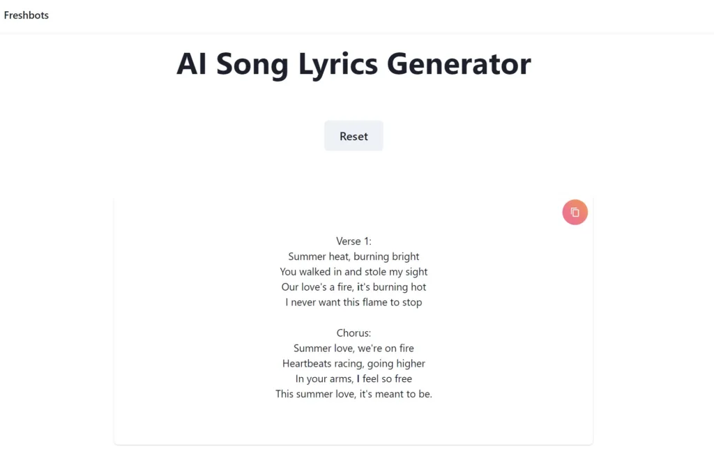 Freshbots ai lyrics generator text example