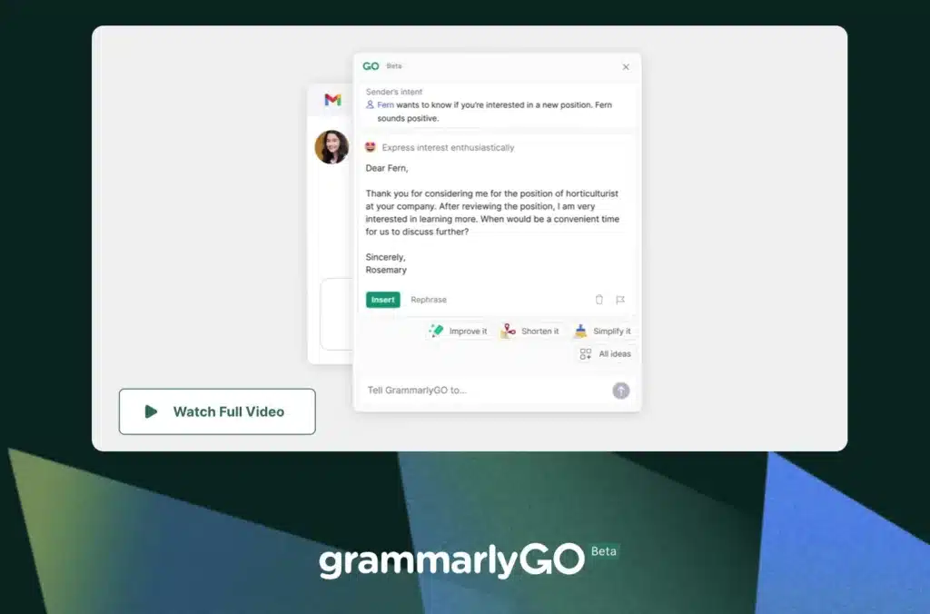 Screenshot of communication with a chatbot being performed within GrammarlyGO, one of AI productivity tools