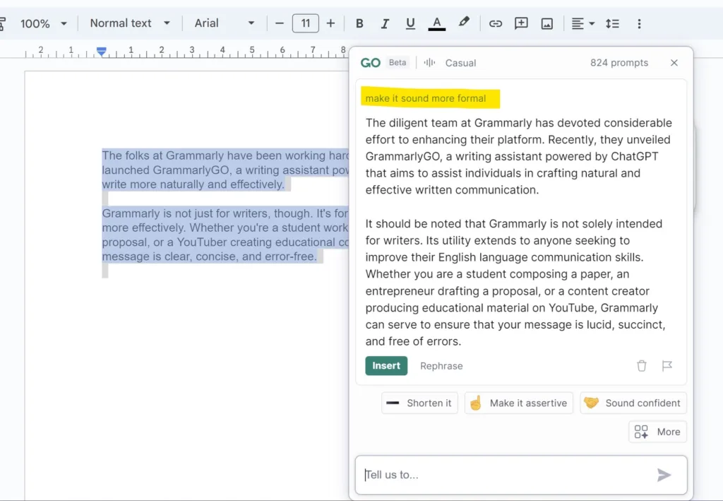 Screenshot of GrammarlyGO, one of the best ai tools for productivity, that makes a text sound more formal