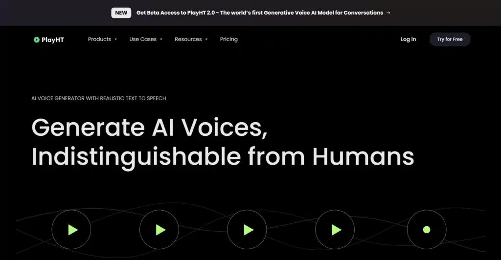 Screenshot of the PlayHT AI Voice Generator webpage, highlighting their service to 'Generate AI Voices, Indistinguishable from Humans.' The page promotes the ability to create ultra-realistic text-to-speech (TTS) voices, positioning PlayHT as a leading solution for cloning your voice using AI across various languages and accents.