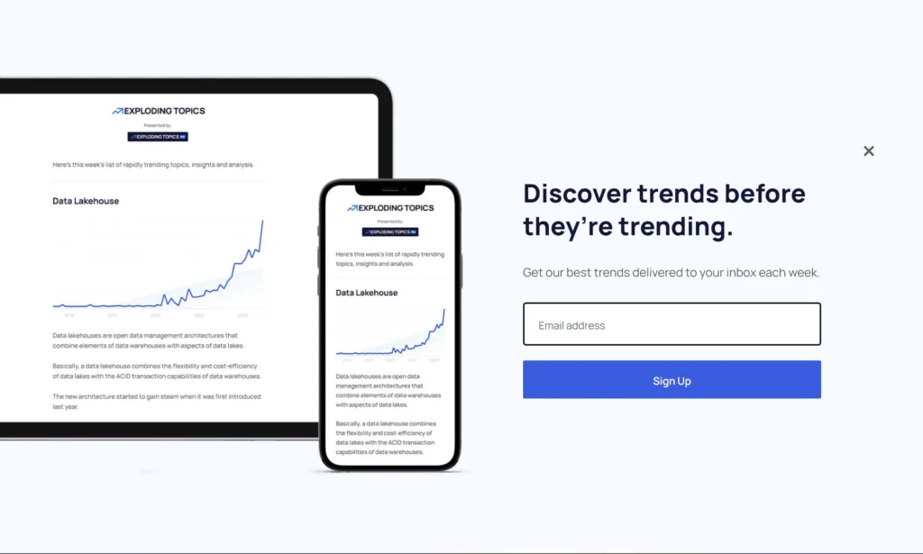 Homepage of Exploding topics, a tool that lets you find a new trend before it's too late