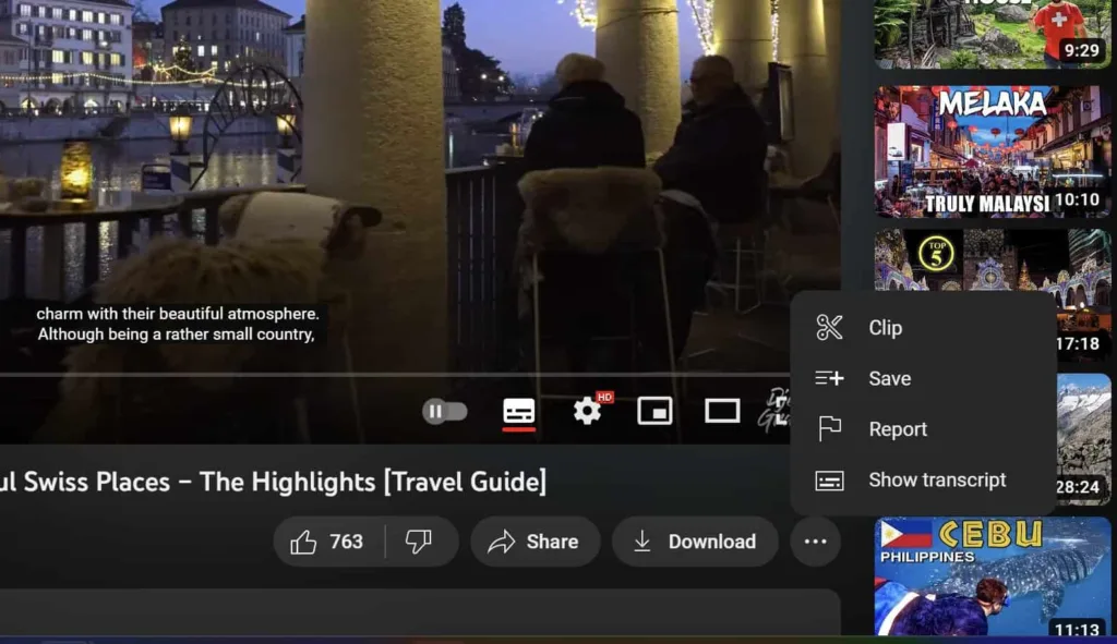 04 In the lower right corner, hit the three dots just above the video description and choose Show Transcript