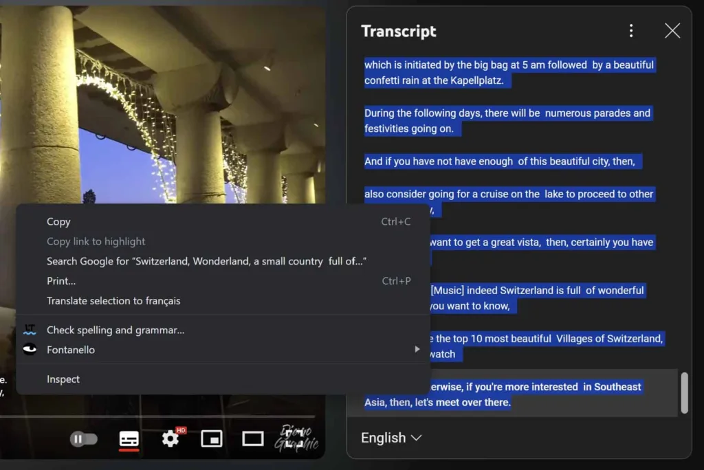 Select all the transcript text and hit Copy.
