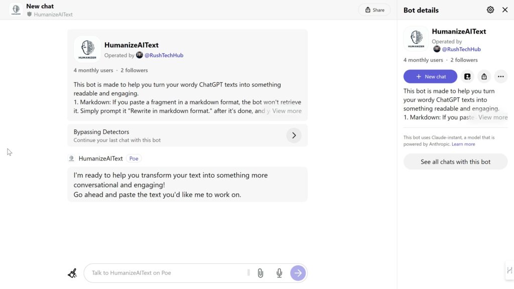 Screenshot of the HumanizeAIText chat interface on Poe, showcasing its capabilities to make AI-generated text more conversational and engaging, demonstrating how to humanize AI text