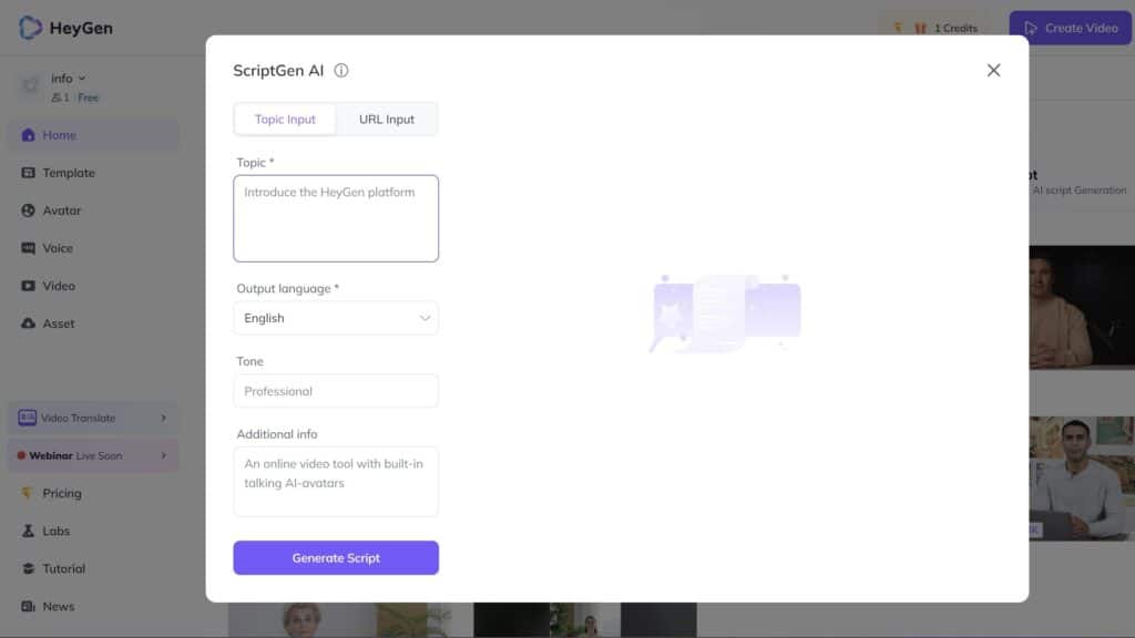 Here you can generate your video script with HeyGen ChatGPT integration