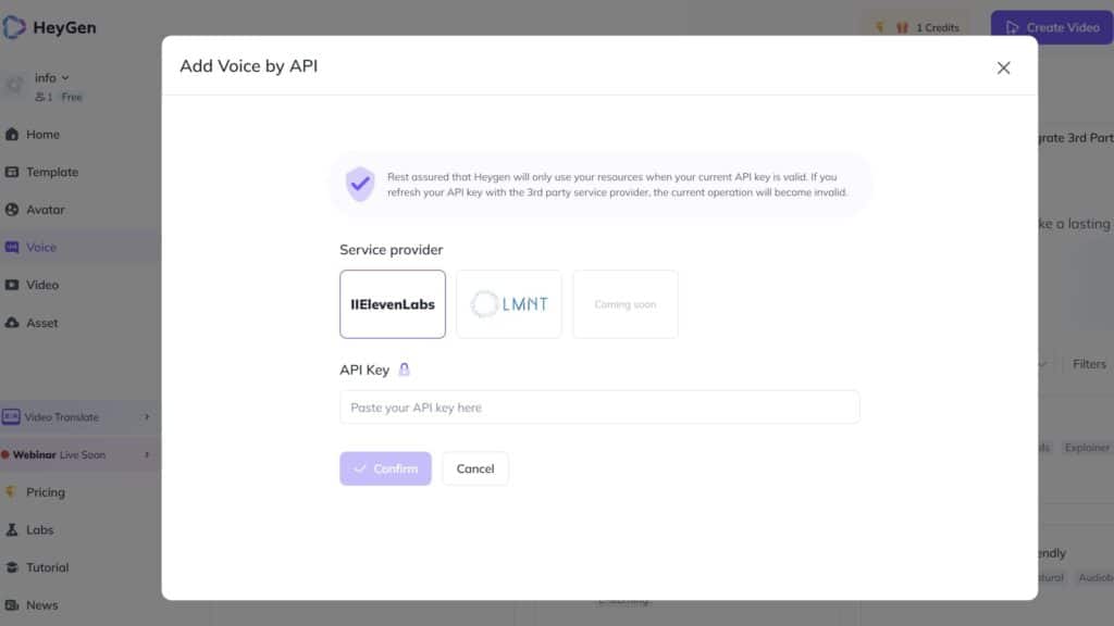 In HeyGen you can also use a custom voice with the help of ElevenLabs API