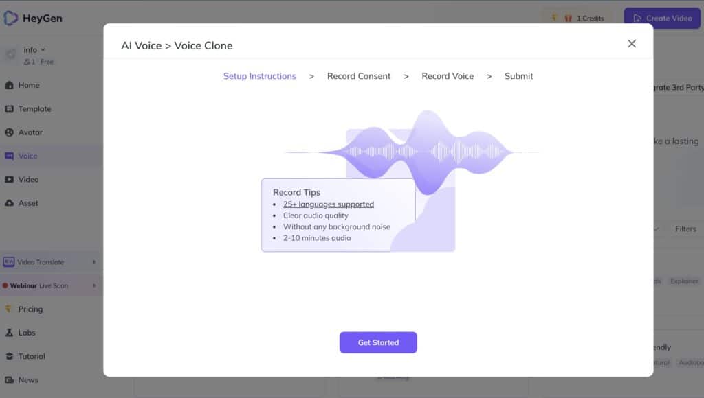 Here you can clone your voice with HeyGen