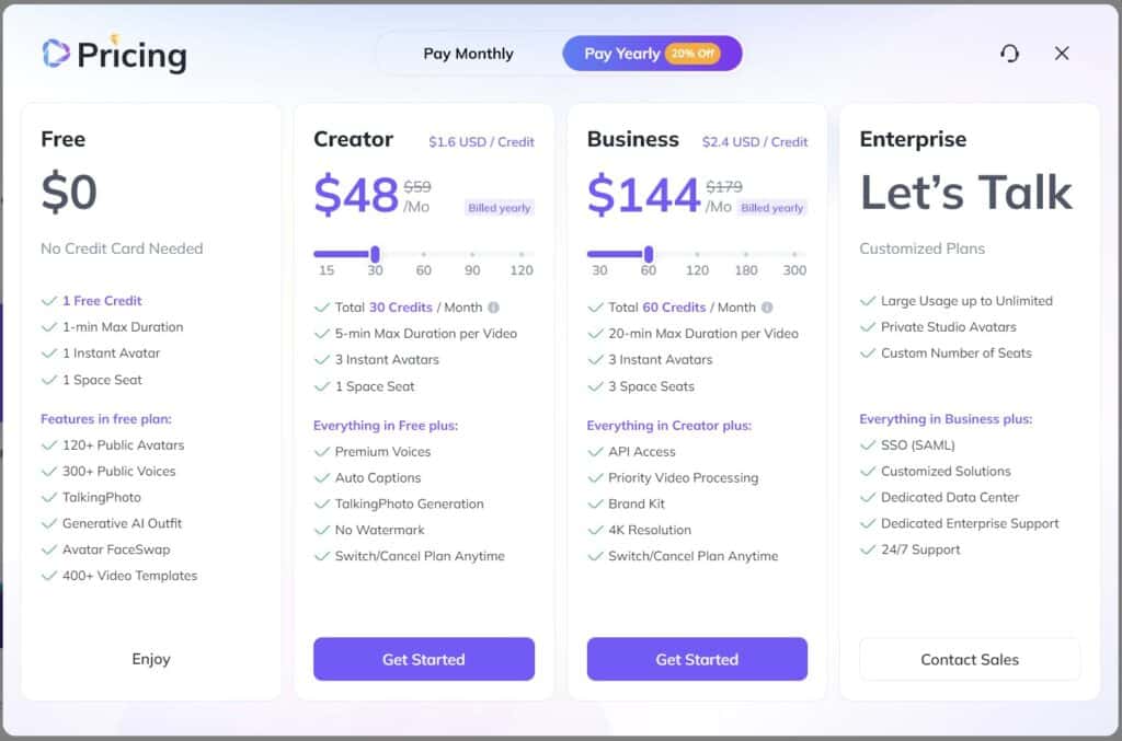 HeyGen Pricing offers a free plan with limited creation capabilities, ideal for testing it out.