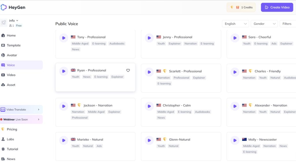 This is what HeyGen Voice Library looks like
