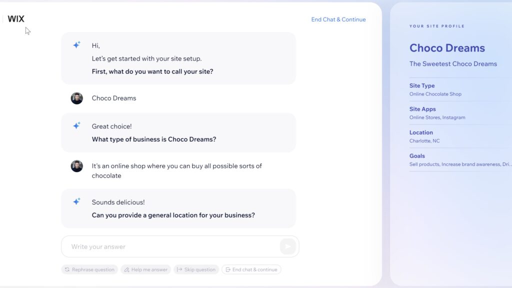 A page on Wix AI Website Builder where you have to choose and add your website name