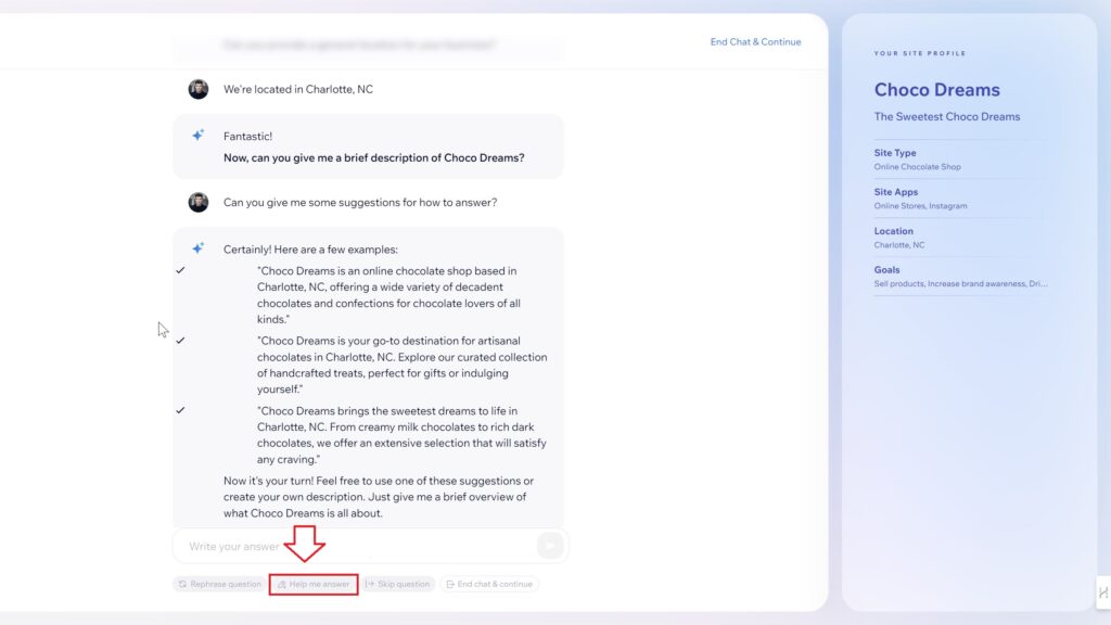 a chat bot integrated into Wix AI Website Builder asks you questions about your business