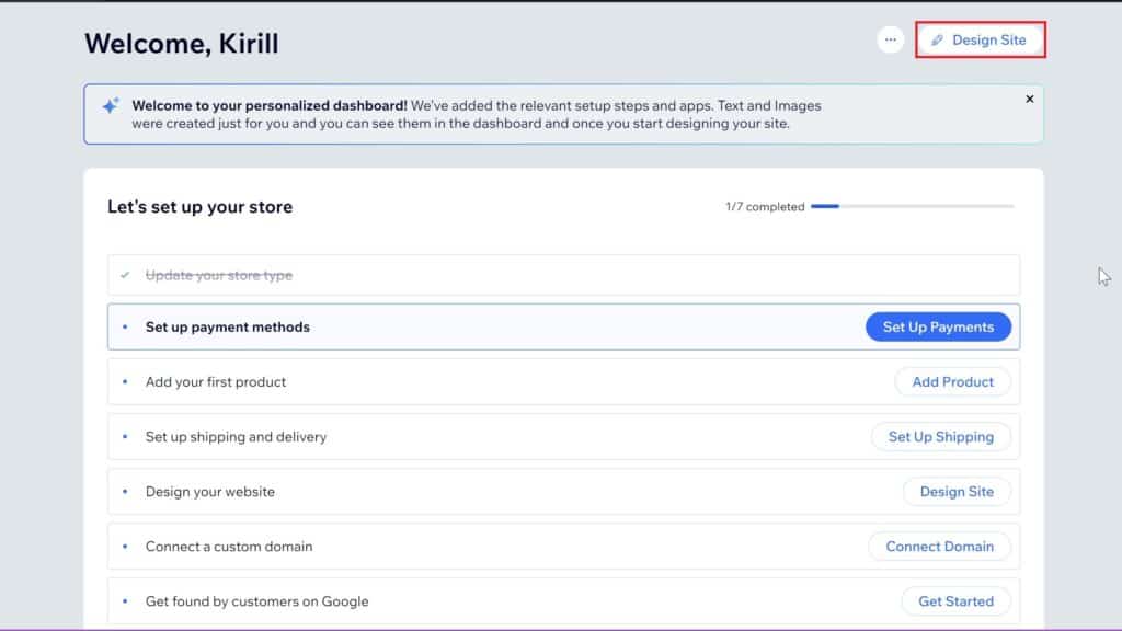 Once Wix AI Website Builder Chatbot gathered the information it will lead you to your Dashboard where you can add services, custom domain, etc.