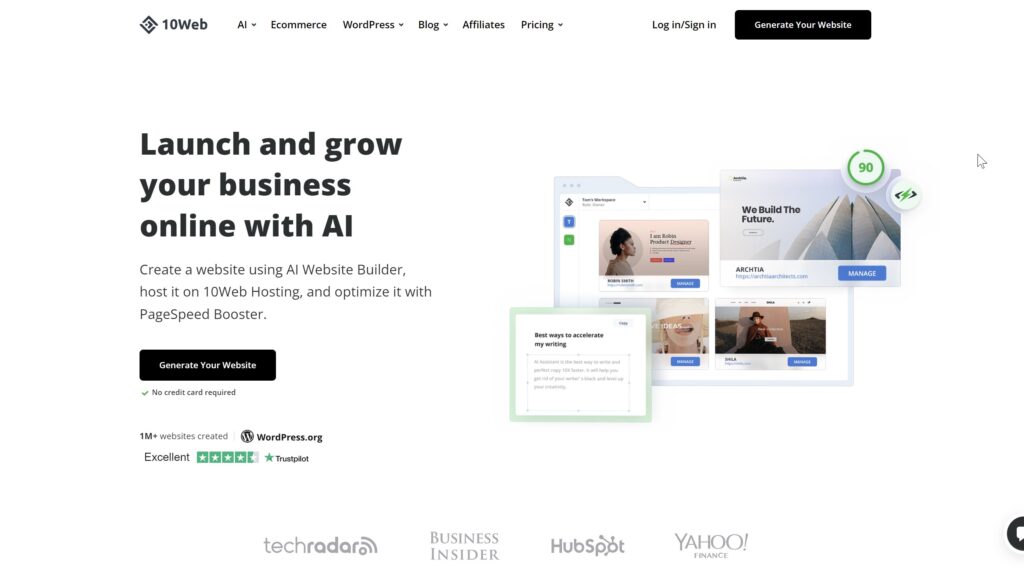10web Homepage, it's the best overall AI website builder for quick website creation and migration