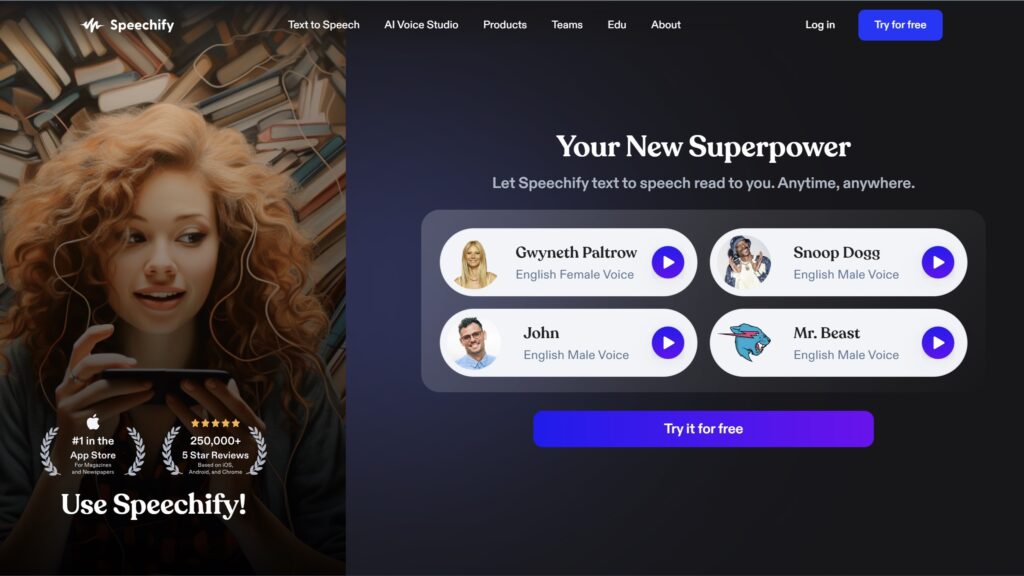 Homepage of Speechify it's one of the best ai voice generators