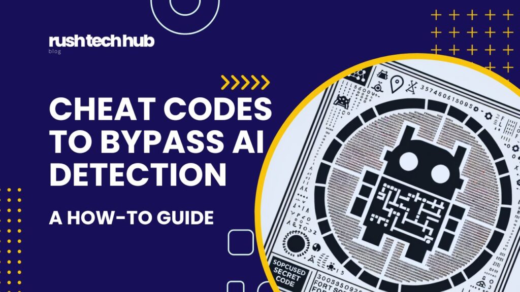 Illustrative banner for RushTechHub's blog post about 'How to Bypass AI Detection – A How-To Guide', featuring a central graphic of a robot's head formed by a QR code, surrounded by digital and cryptographic symbols on a dynamic yellow and purple background