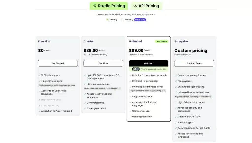 Play HT Pricing - one of the best text-to-speech AI tools on the marketjpg
