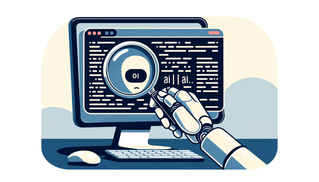 A flat vector illustration showing a robotic hand holding a magnifying glass in front of a computer screen. The magnifying glass is focused on the tex