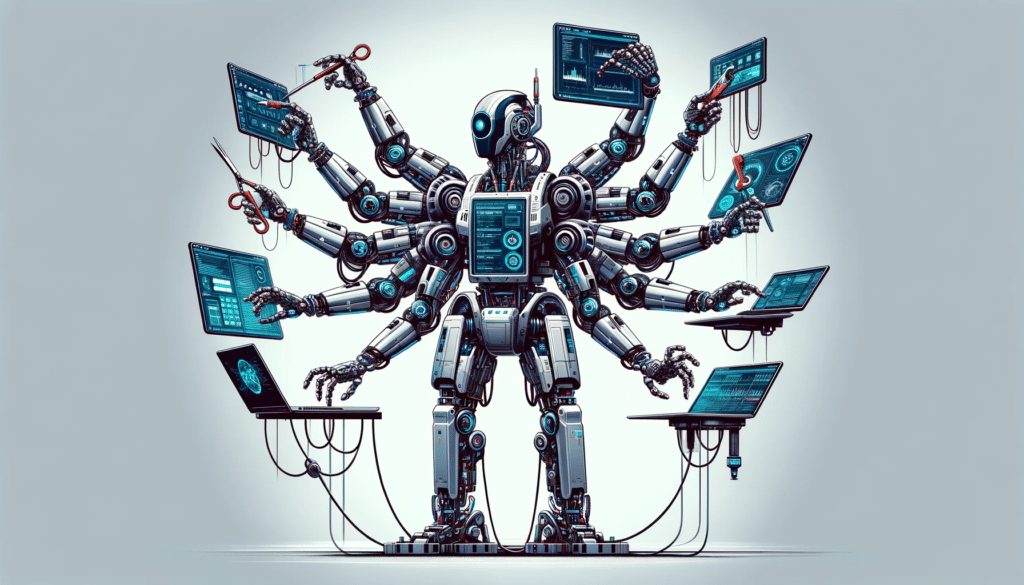 Illustration of a multi-tasking, multi-handed robot, designed teach people how to increase productivity using AI. The robot features several arms, each equipped with dif