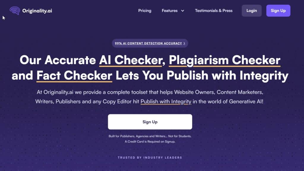 Homepage of Originality.ai, showcasing the best AI content detection tool with a prominent headline about AI Checker, Plagiarism Checker, and Fact Checker for publishing with integrity.