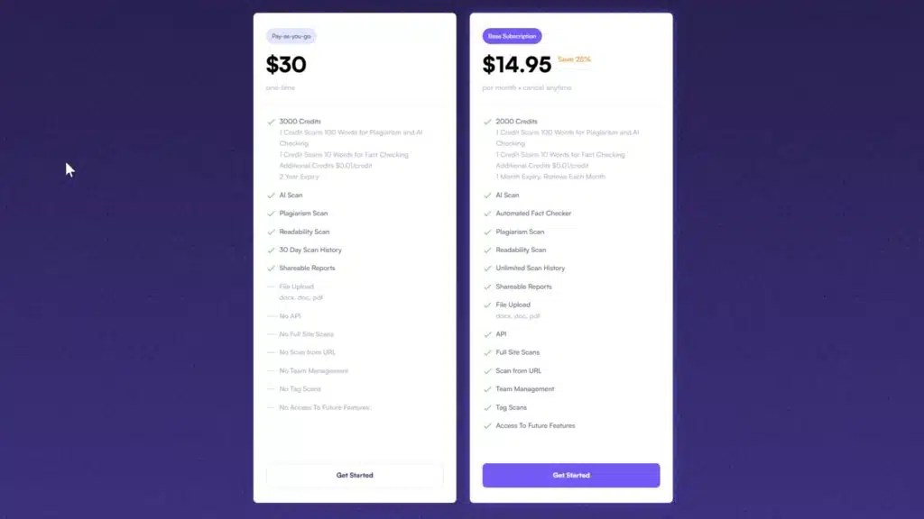 Pricing page for Originality.ai presenting two options: Pay-as-you-go and Base Subscription, detailing the best AI content detection tool's features and credit packages.