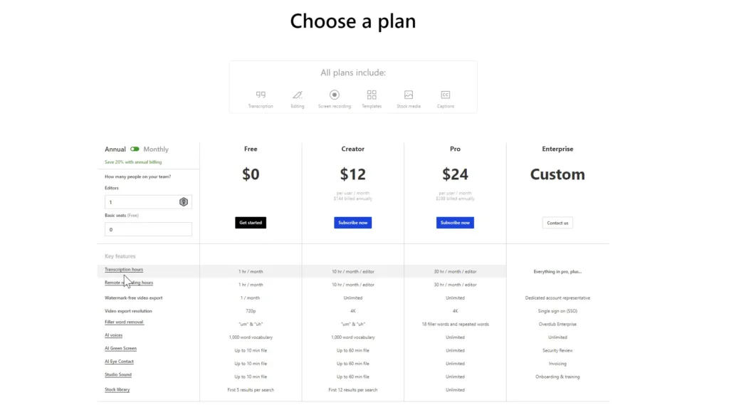 Descript Pricing