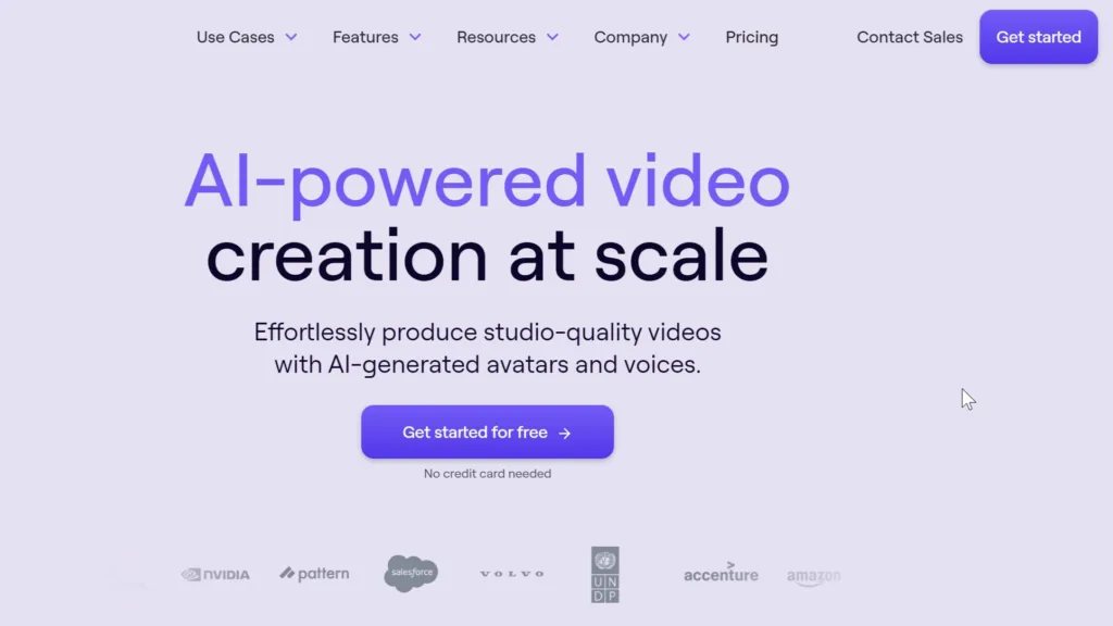 HeyGen homepage with a bold statement 'AI-powered video creation at scale', indicating the ease of producing videos with AI avatars and voices, positioned as an alternative to elevenlabs.