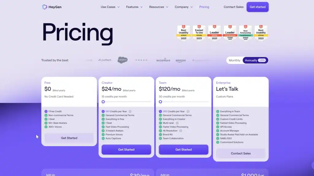 Pricing page for HeyGen, outlining plans including Free at $0, Creator at $24 per month, Team at $120 per month, and custom Enterprise solutions, all serving as alternatives to elevenlabs