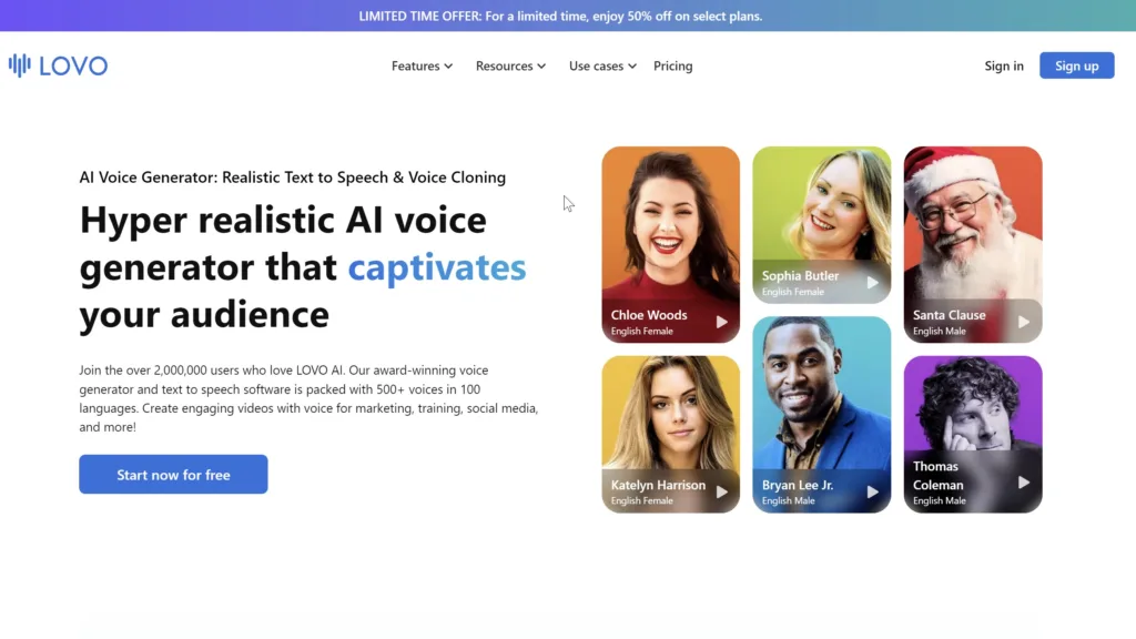 LOVO AI homepage featuring 'Hyper realistic AI voice generator that captivates your audience', offering studio-quality videos with AI-generated avatars and voices as an elevenlabs alternative.
