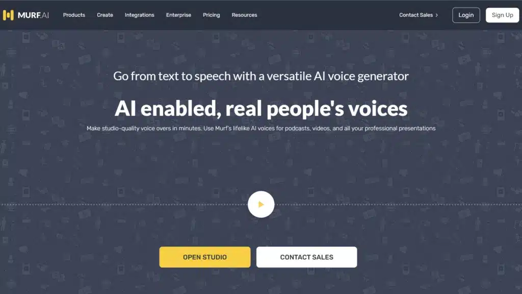 Murf AI homepage promotes their AI-enabled voice generator that transforms text to speech with real people's voices, advertised as an alternative to elevenlabs for creating professional voiceovers.