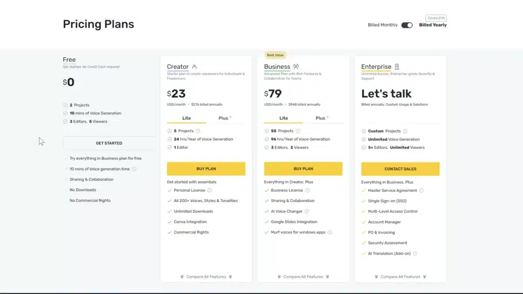Murf AI pricing plans page showing options ranging from a Free plan to an Enterprise plan, detailed as versatile alternatives to elevenlabs with various features tailored for different user needs.