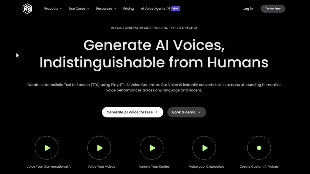 Homepage of PlayHT, one of the best ElevenLabs alternatives showcasing its feature to Generate AI Voices, with buttons for trying the service for free and booking a demo.