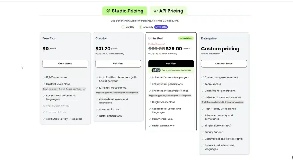Detailed pricing plans of PlayHT including Free, Creator, Unlimited, and Enterprise options, highlighting the benefits and features of each