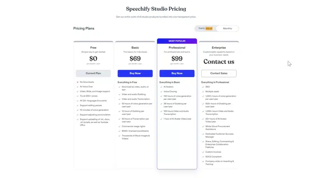 Detailed comparison of Speechify's Studio pricing and plans, highlighting the 'SPEECHIFY LIMITED Free' plan and the 'SPEECHIFY PREMIUM $139/y' plan as potential elevenlabs alternatives.