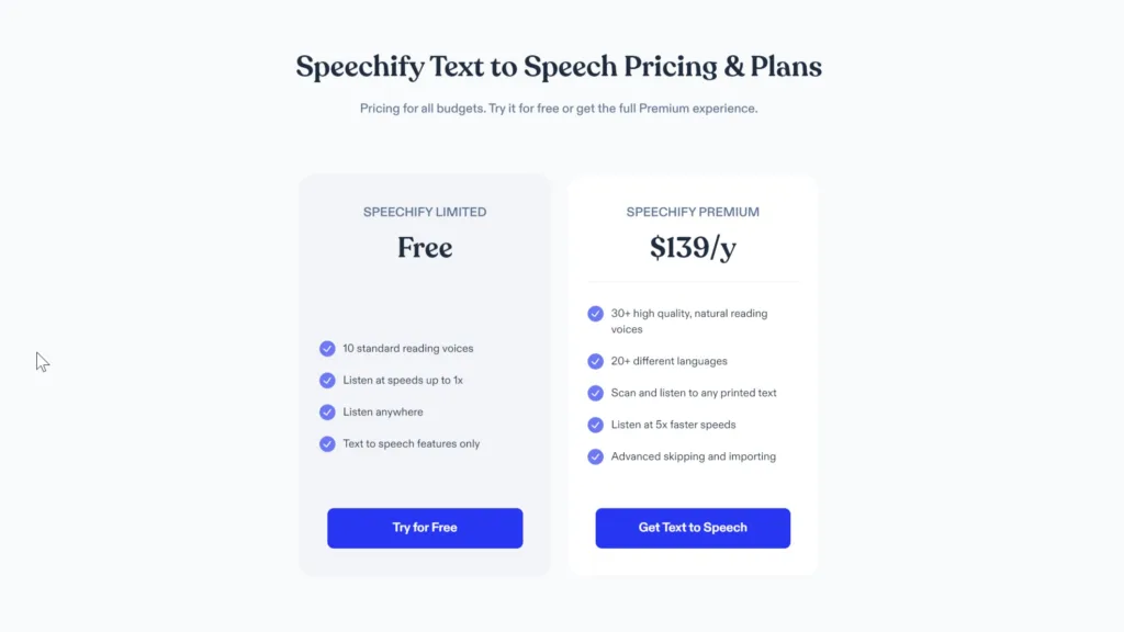Detailed comparison of Speechify's text-to-speech pricing and plans, highlighting the 'SPEECHIFY LIMITED Free' plan and the 'SPEECHIFY PREMIUM $139/y' plan as potential elevenlabs alternatives.