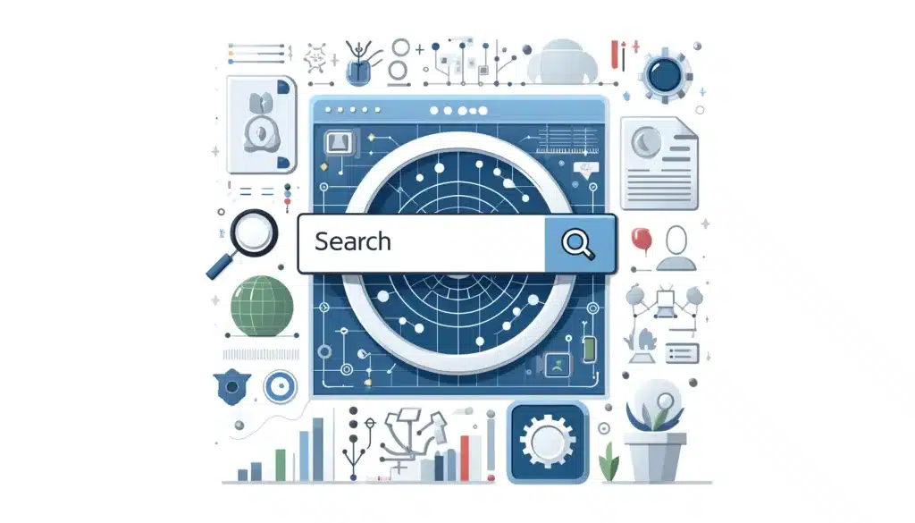 Flat vector illustration of an AI-powered search engine interface showcasing advanced technologies like natural language processing and machine learning, emphasizing an efficient and personalized ai powered search engine experience.