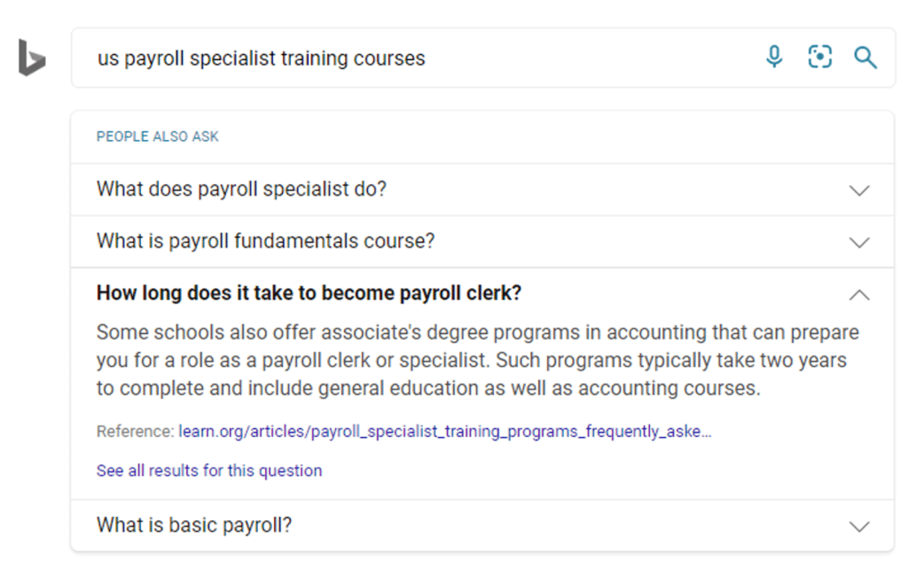 Screenshot of a Bing search results page for 'us payroll specialist training courses', displaying a list of related questions under 'People also ask', utilizing an ai powered search engine to provide comprehensive, relevant answers
