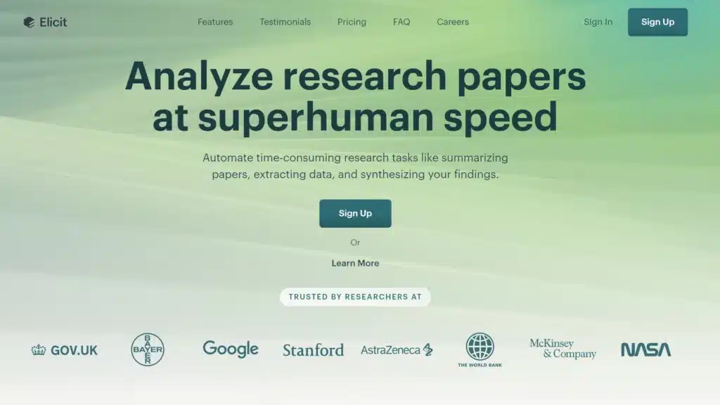 Homepage of Elicit showcasing the capability to analyze research papers at superhuman speed, with a feature banner promoting services like summarizing papers and synthesizing findings, trusted by major organizations including Google and NASA, highlighting the efficiency of an ai powered search engine.