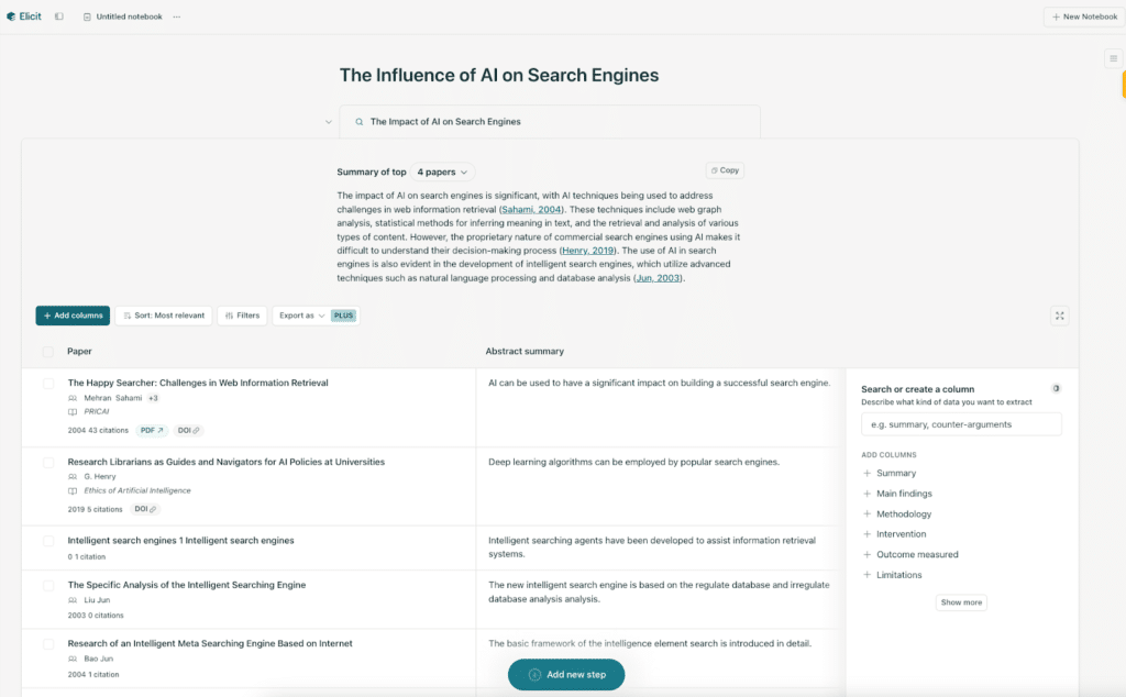 Screenshot of the Elicit platform's homepage showing a research interface titled 'The Influence of AI on Search Engines' with summaries and citations, demonstrating the ai powered search engine's ability to streamline academic inquiry