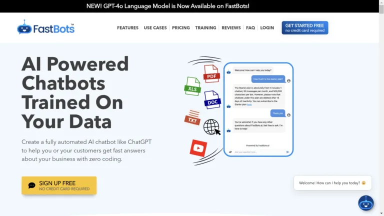 FastBots AI webpage with text 'AI Powered Chatbots Trained On Your Data', a chat interface, and icons for PDF, XLS, DOC, TXT files.