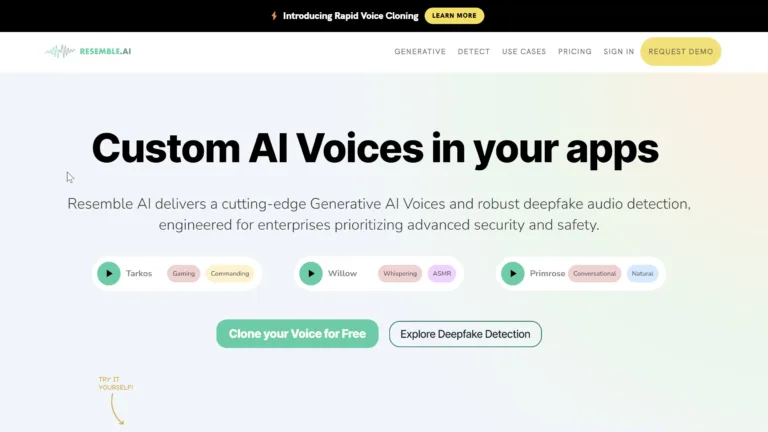 Homepage of resemble ai, a tool that lets you create custom AI voices in seconds