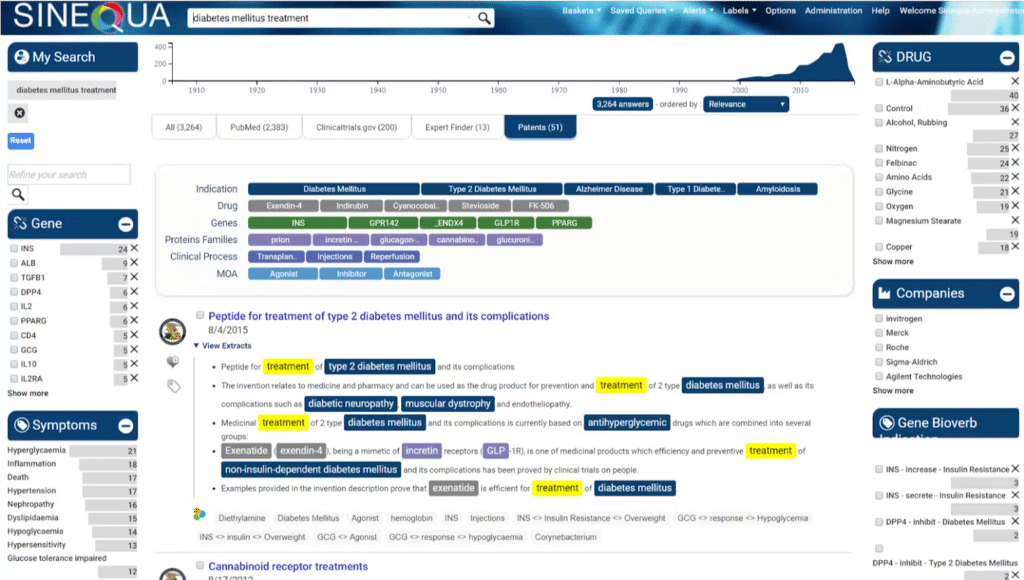 "Interface screenshot of Sinequa's search engine displaying various search filters for 'diabetes mellitus treatment', highlighting the ai powered search engine's capability to offer detailed medical and scientific information