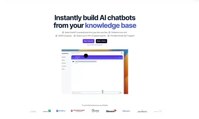 Wonderchat webpage with text 'Instantly build AI chatbots from your knowledge base', and a chatbot interface example.