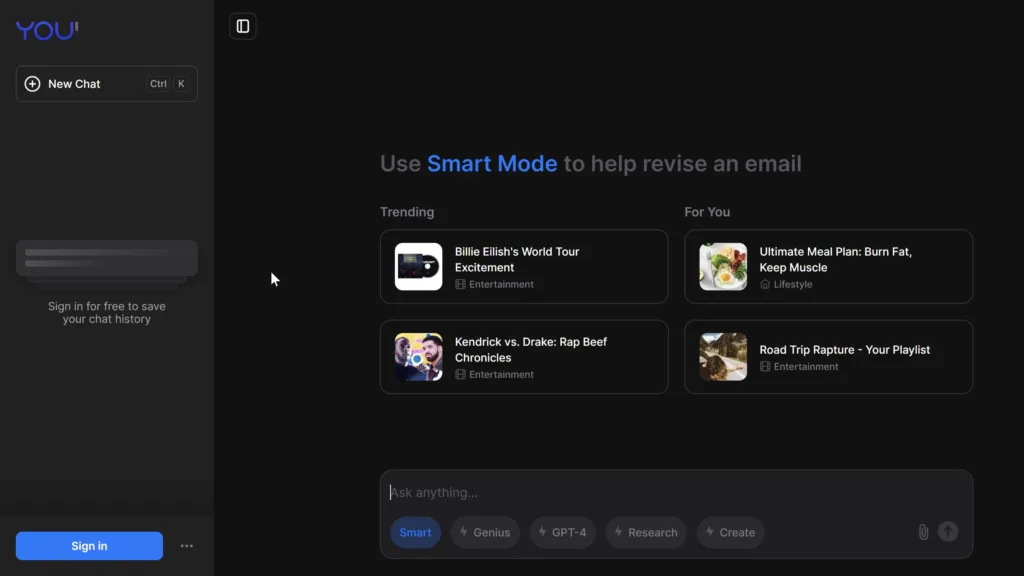 Screenshot of You.com's homepage featuring a user interface with trending topics and personalized suggestions, showcasing the ai powered search engine's capability to tailor content based on user preferences