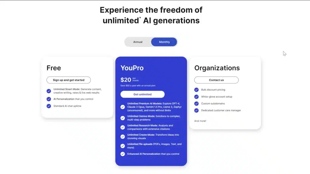 Display of You.com's subscription plans including Free, YouPro, and Organizations, highlighting the ai powered search engine's various features and pricing options, designed to cater to different user needs.