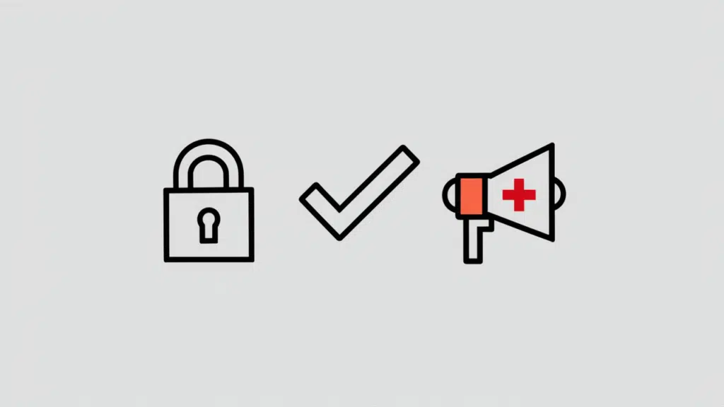 Three minimalistic icons: a lock for security, a checkmark for authenticity, and a megaphone with a red cross for misinformation, representing why it's important to detect AI voices.