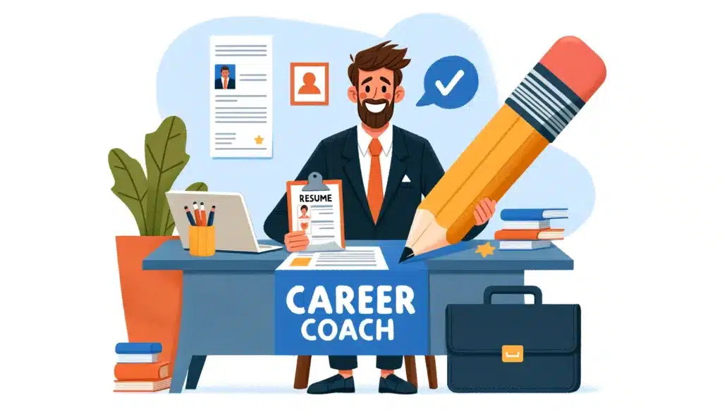 A career coach at a desk with resumes and career plans. The coach has a giant pencil and a supportive, cheerful expression