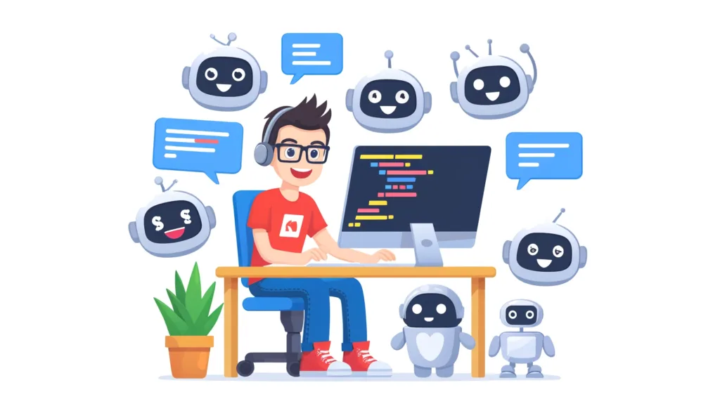 A developer at a computer coding with friendly, cartoonish chatbot characters around, all with different funny expressions.