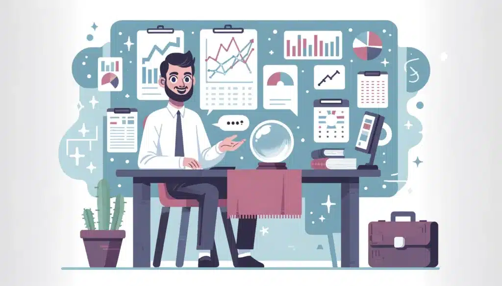 A market researcher at a desk with charts and graphs. The researcher has a crystal ball and a funny, prophetic look. This image illustrates one of the AI side hustle ideas