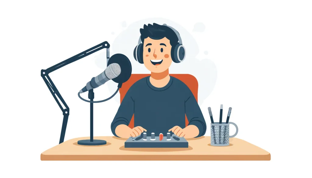 A podcaster in a recording studio with microphones and audio equipment. The podcaster has a big pair of headphones and a lively expression. This image represents one of the AI side hustle ideas